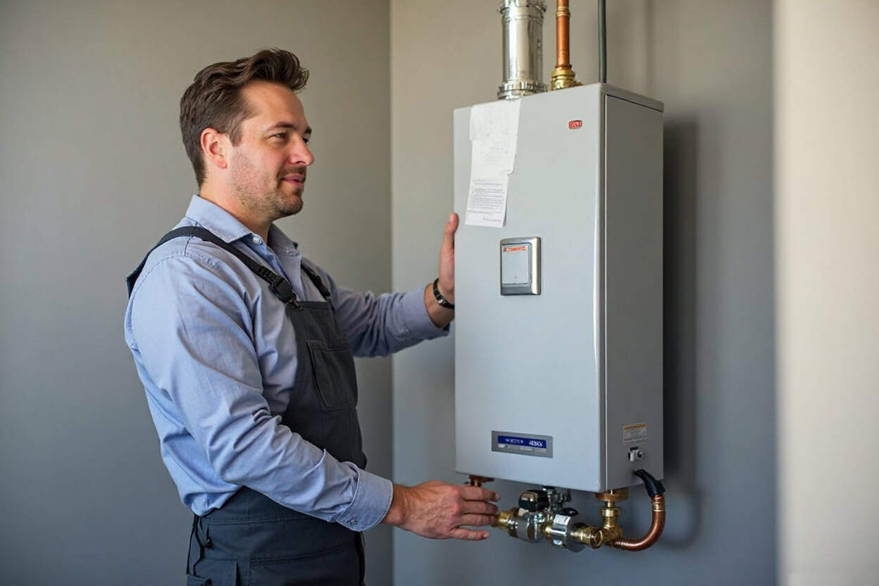 Cajun Maintenance plumber performing tankless water heater maintenance in Baton Rouge home